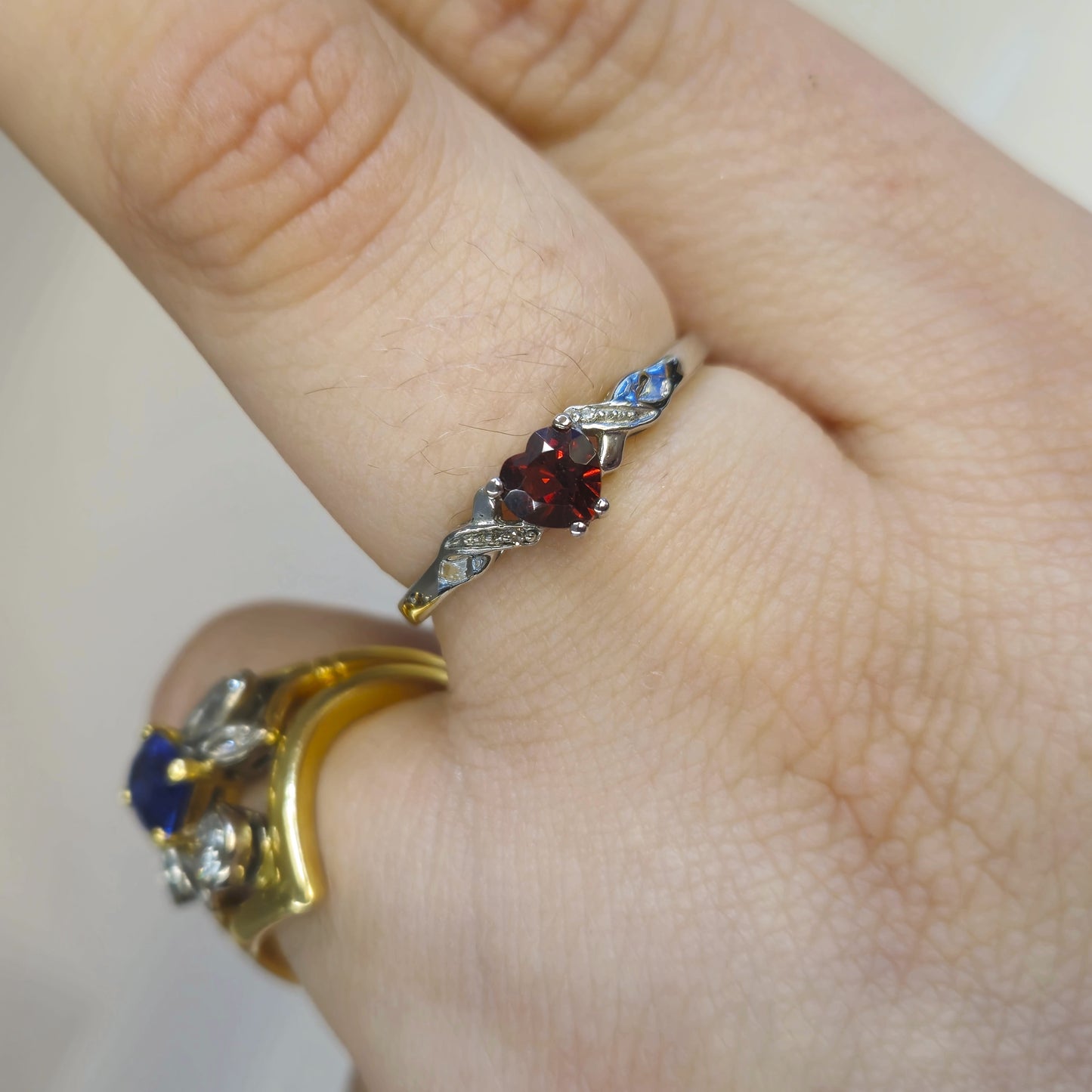 9ct White Gold Garnet Heart and Diamond Ring