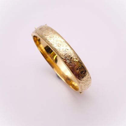 9ct yellow gold half hoop floral patterned large bangle
