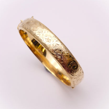 9ct yellow gold half hoop floral patterned large bangle