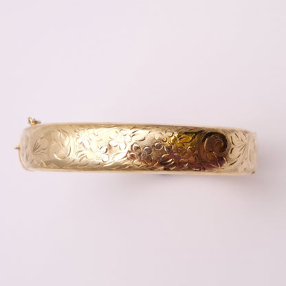 9ct yellow gold half hoop floral patterned large bangle