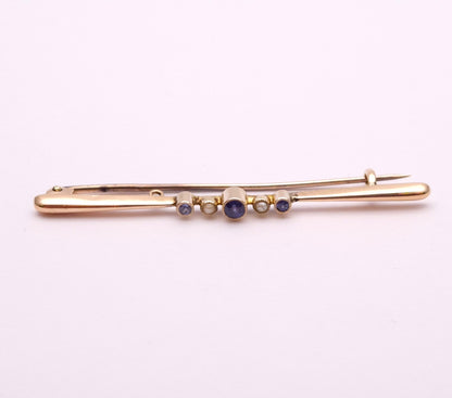 9ct Yellow Gold Sapphire and Pearl Bar Brooch