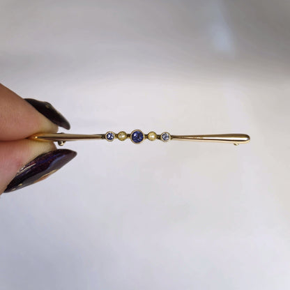 9ct Yellow Gold Sapphire and Pearl Bar Brooch