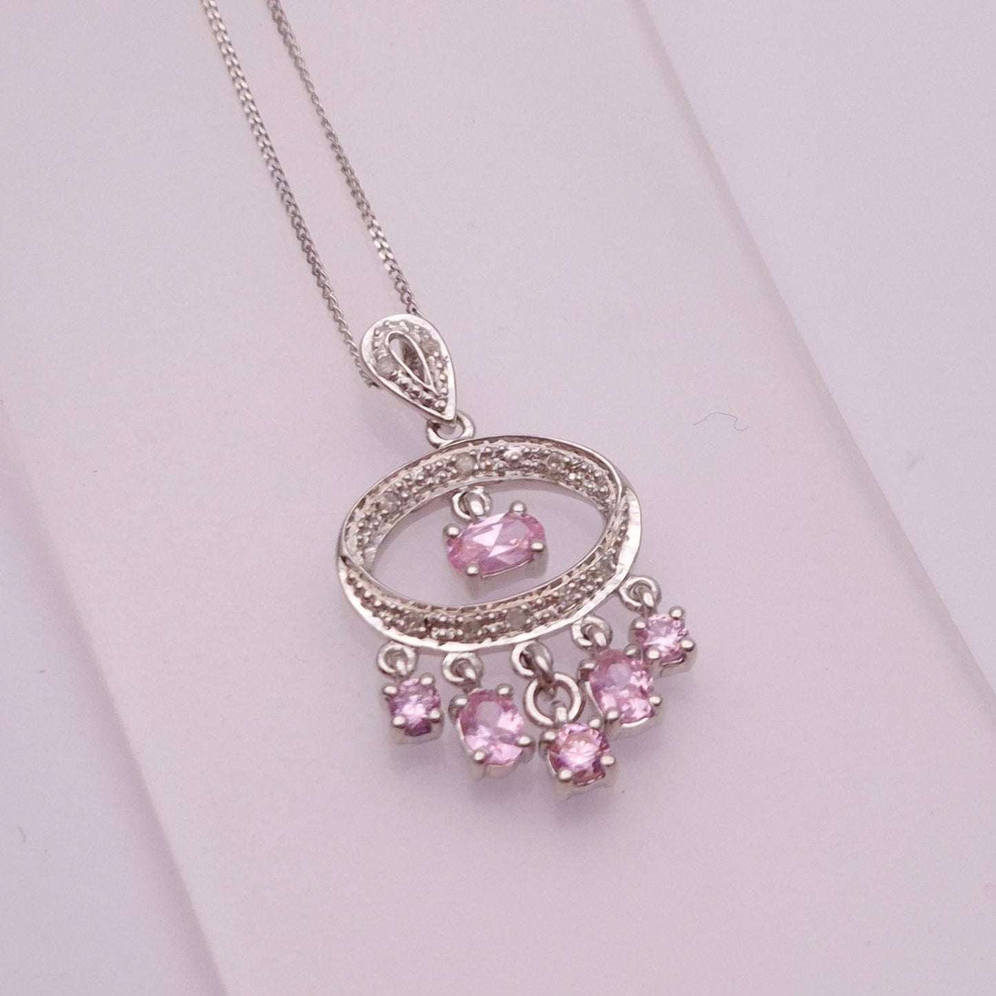 9ct White Gold pink Sapphire and Diamond Chandelier Pendant necklace