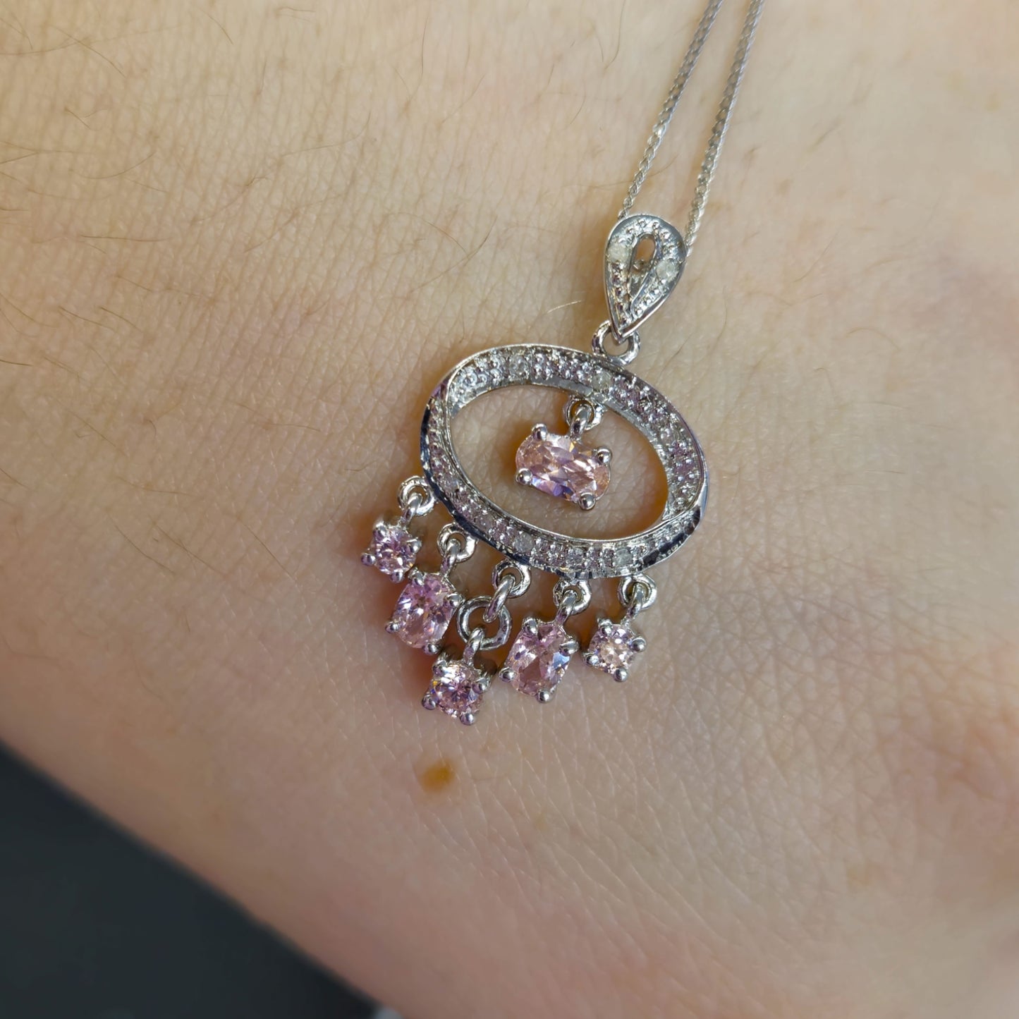 9ct White Gold pink Sapphire and Diamond Chandelier Pendant necklace