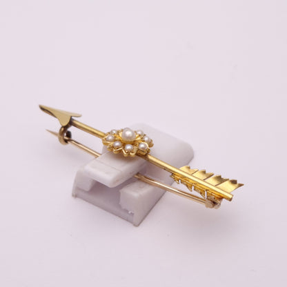 14ct Yellow Gold Pearl Floral Arrow Brooch