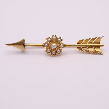 14ct Yellow Gold Pearl Floral Arrow Brooch