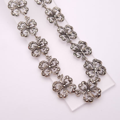 Sterling Silver Marcasite Flower Link Necklace
