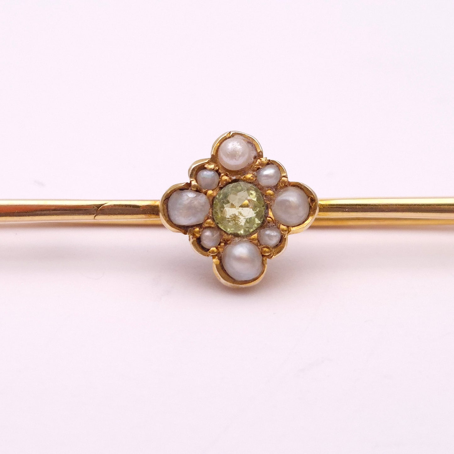 9ct Yellow Gold Pearl and Peridot Bar Brooch