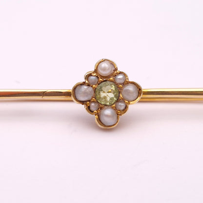 9ct Yellow Gold Pearl and Peridot Bar Brooch