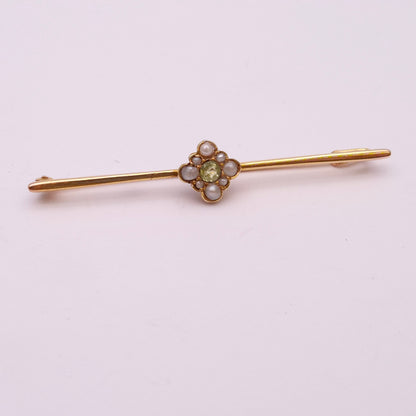 9ct Yellow Gold Pearl and Peridot Bar Brooch