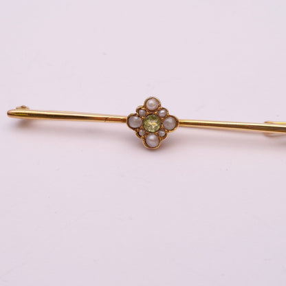 9ct Yellow Gold Pearl and Peridot Bar Brooch