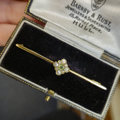 9ct Yellow Gold Pearl and Peridot Bar Brooch