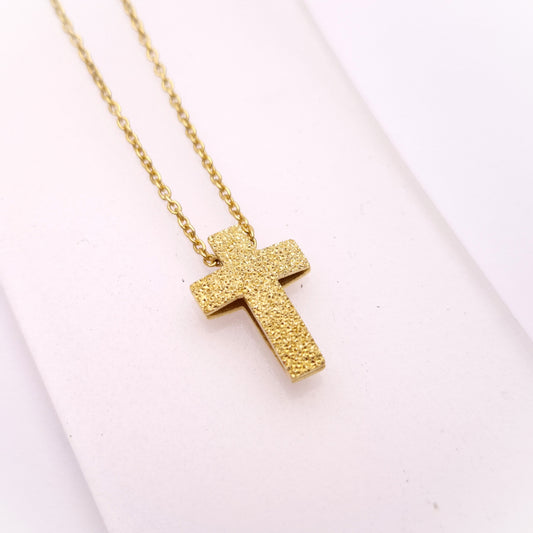 9ct Yellow Gold Frosted Textured Cross pendant and chain necklace