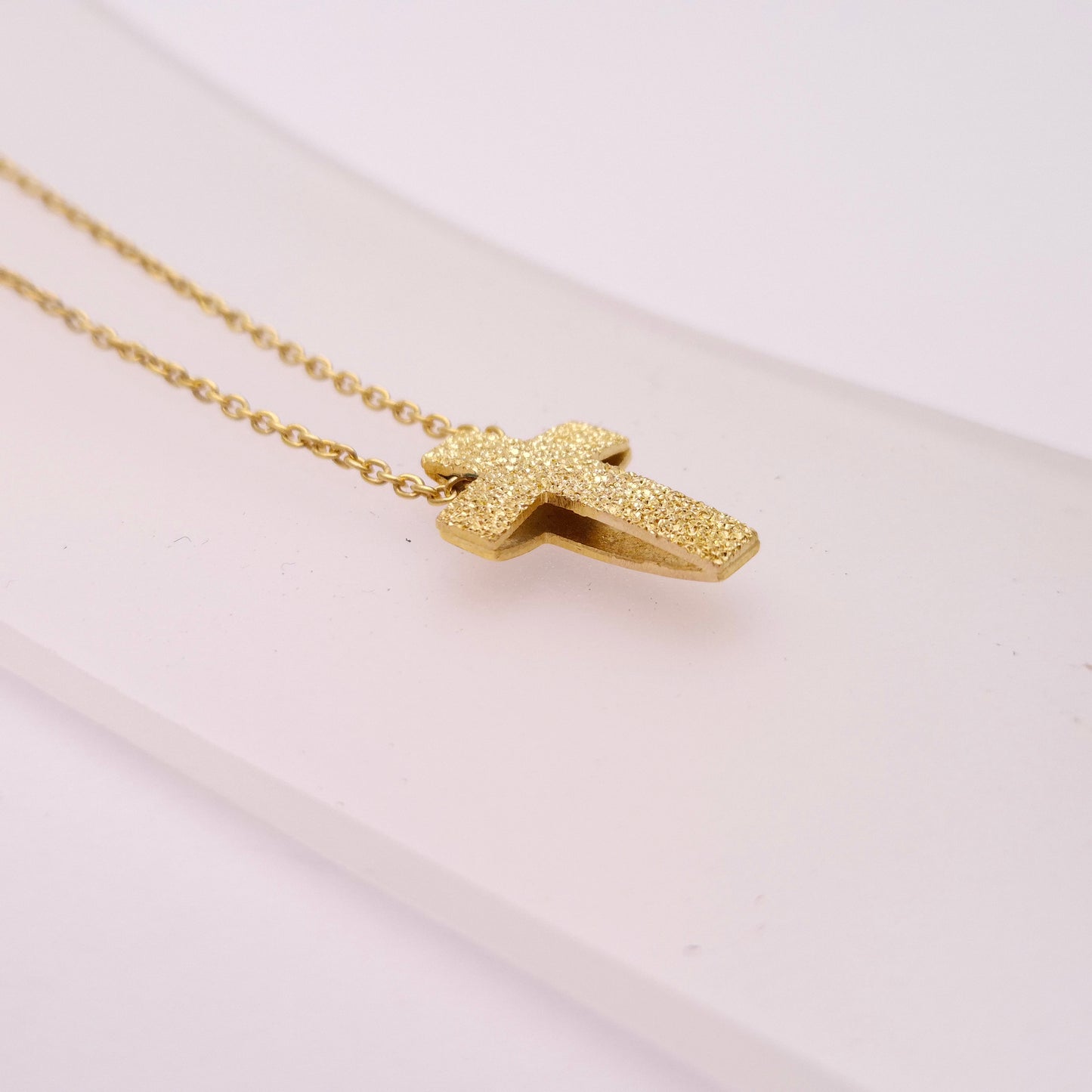 9ct Yellow Gold Frosted Textured Cross pendant and chain necklace