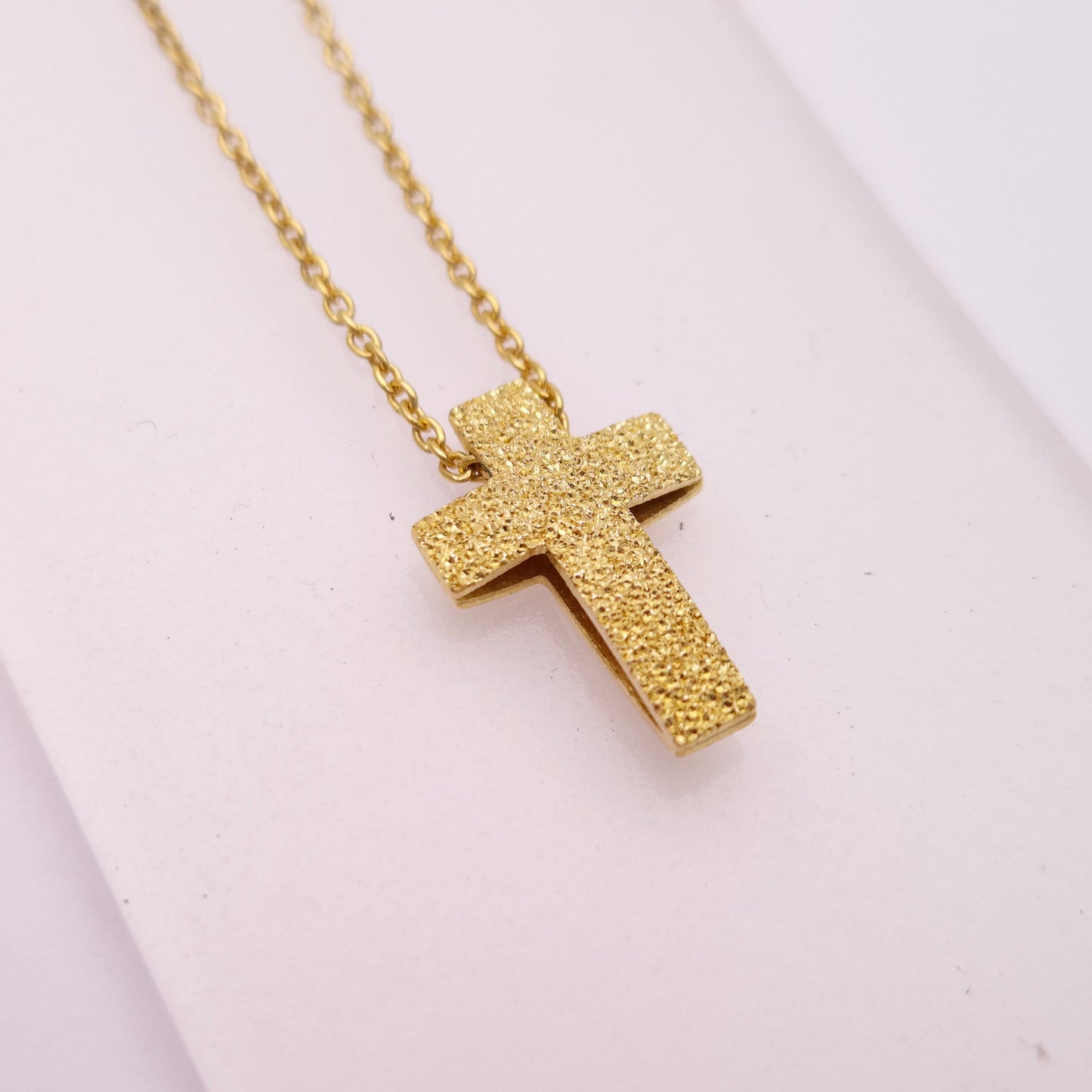 9ct Yellow Gold Frosted Textured Cross pendant and chain necklace
