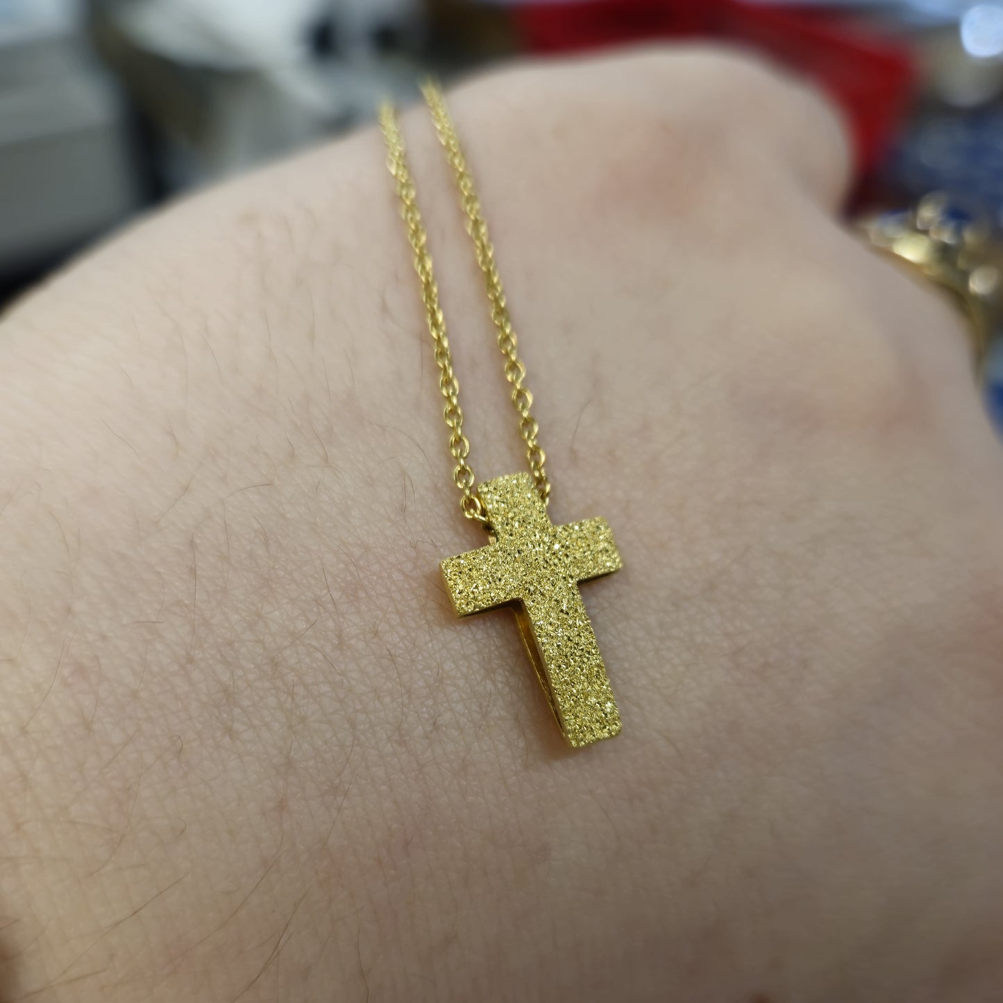 9ct Yellow Gold Frosted Textured Cross pendant and chain necklace