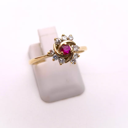 9ct Yellow Gold Ruby and Diamond Swirl Cluster Ring