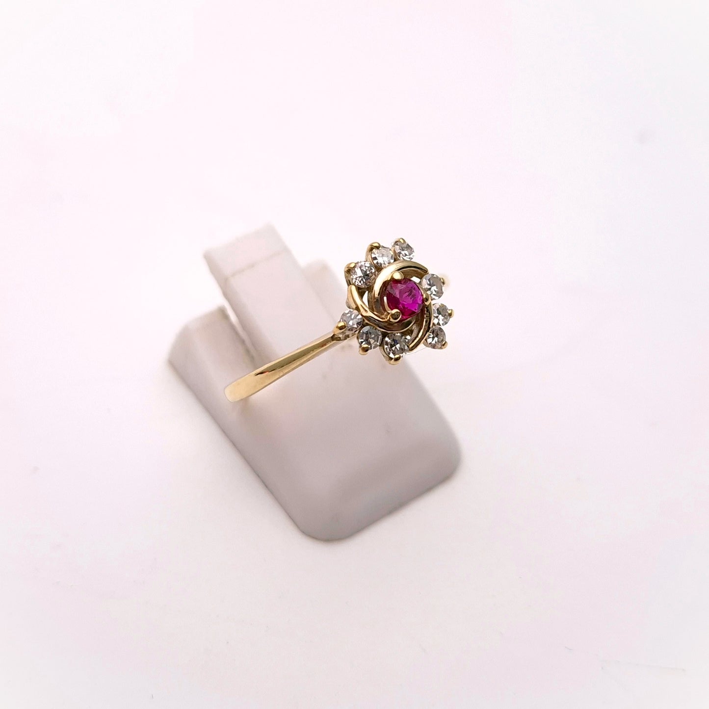 9ct Yellow Gold Ruby and Diamond Swirl Cluster Ring