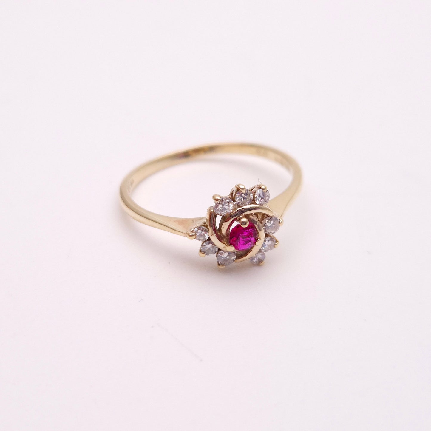 9ct Yellow Gold Ruby and Diamond Swirl Cluster Ring