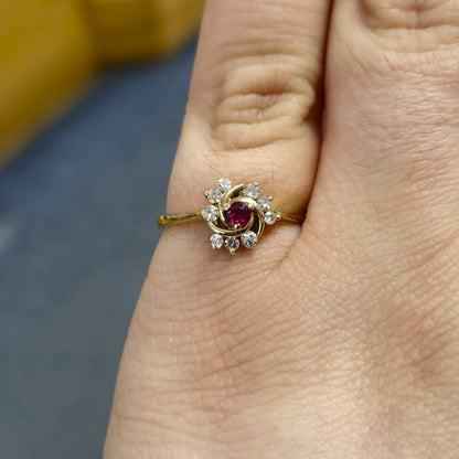 9ct Yellow Gold Ruby and Diamond Swirl Cluster Ring
