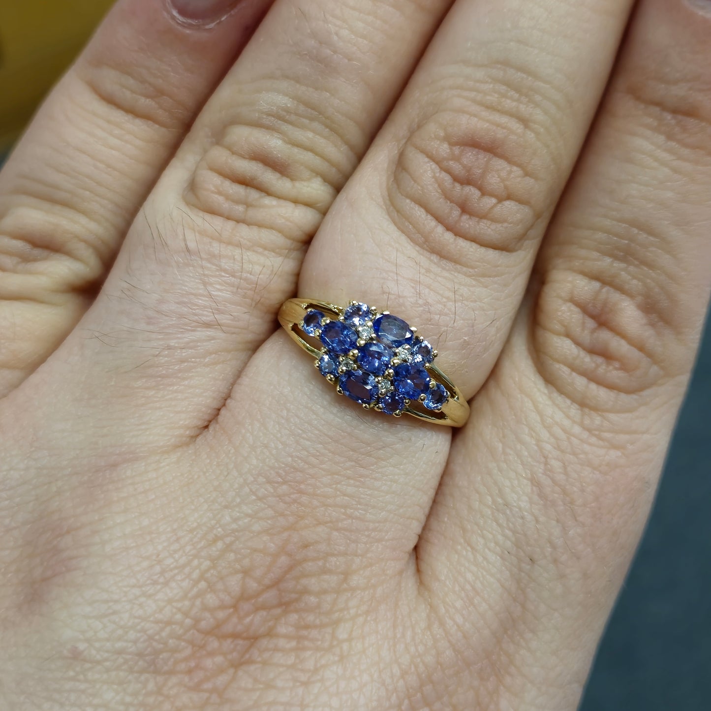 9ct Yellow Gold Tanzanite and Diamond Multistone Cluster Ring