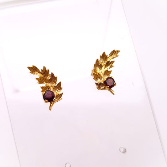 9ct Yellow Gold Garnet Set Leaf Branch Stud Earrings