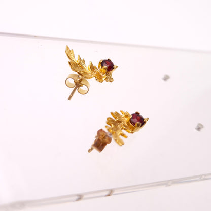 9ct Yellow Gold Garnet Set Leaf Branch Stud Earrings