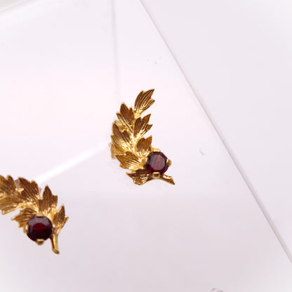 9ct Yellow Gold Garnet Set Leaf Branch Stud Earrings