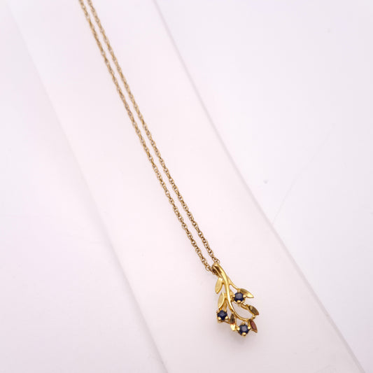 9ct Yellow Gold Sapphire Leafy Foliate pendant and Chain necklace