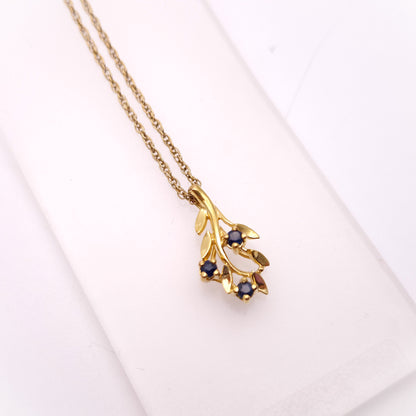 9ct Yellow Gold Sapphire Leafy Foliate pendant and Chain necklace