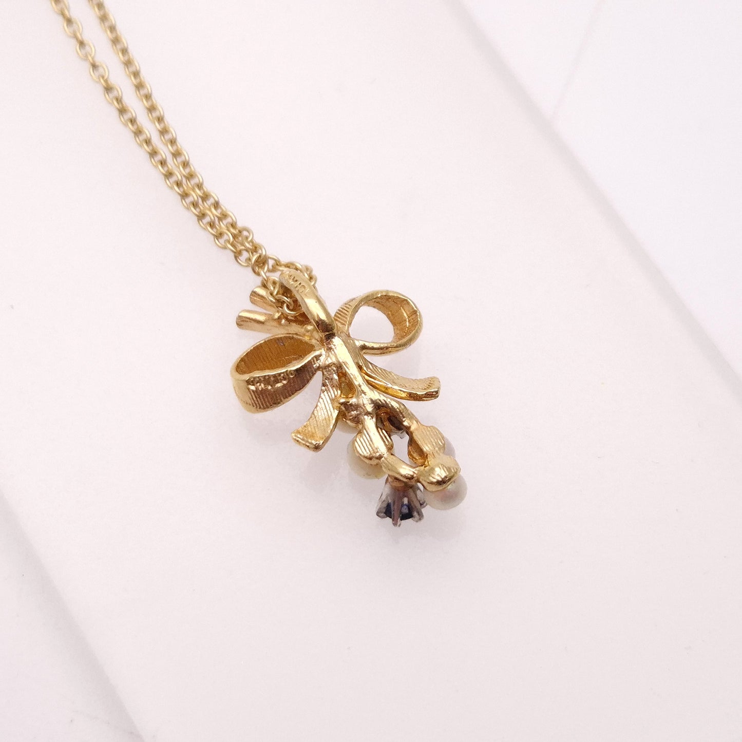 9ct Yellow Gold Sapphire , Diamond and Pearl Bow Pendant and chain Necklace