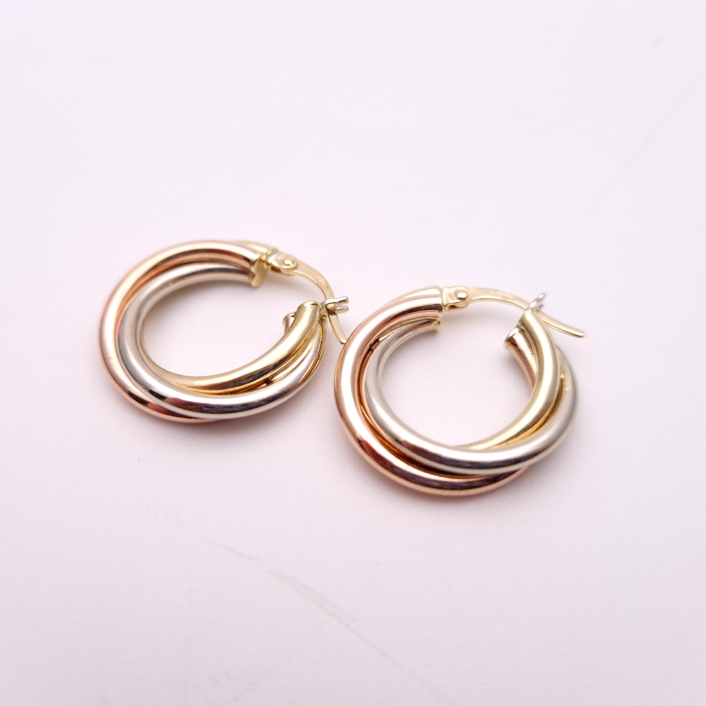 9ct Tricolour Gold Twisted Round Creole Hoop Earrings