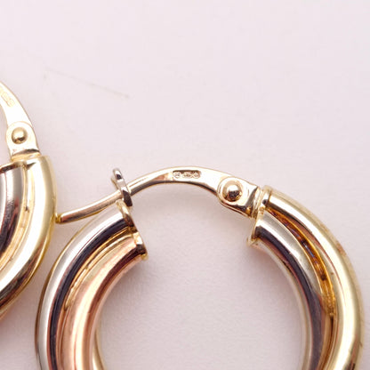 9ct Tricolour Gold Twisted Round Creole Hoop Earrings
