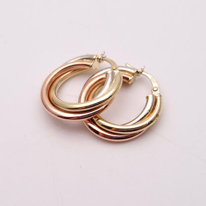 9ct Tricolour Gold Twisted Round Creole Hoop Earrings