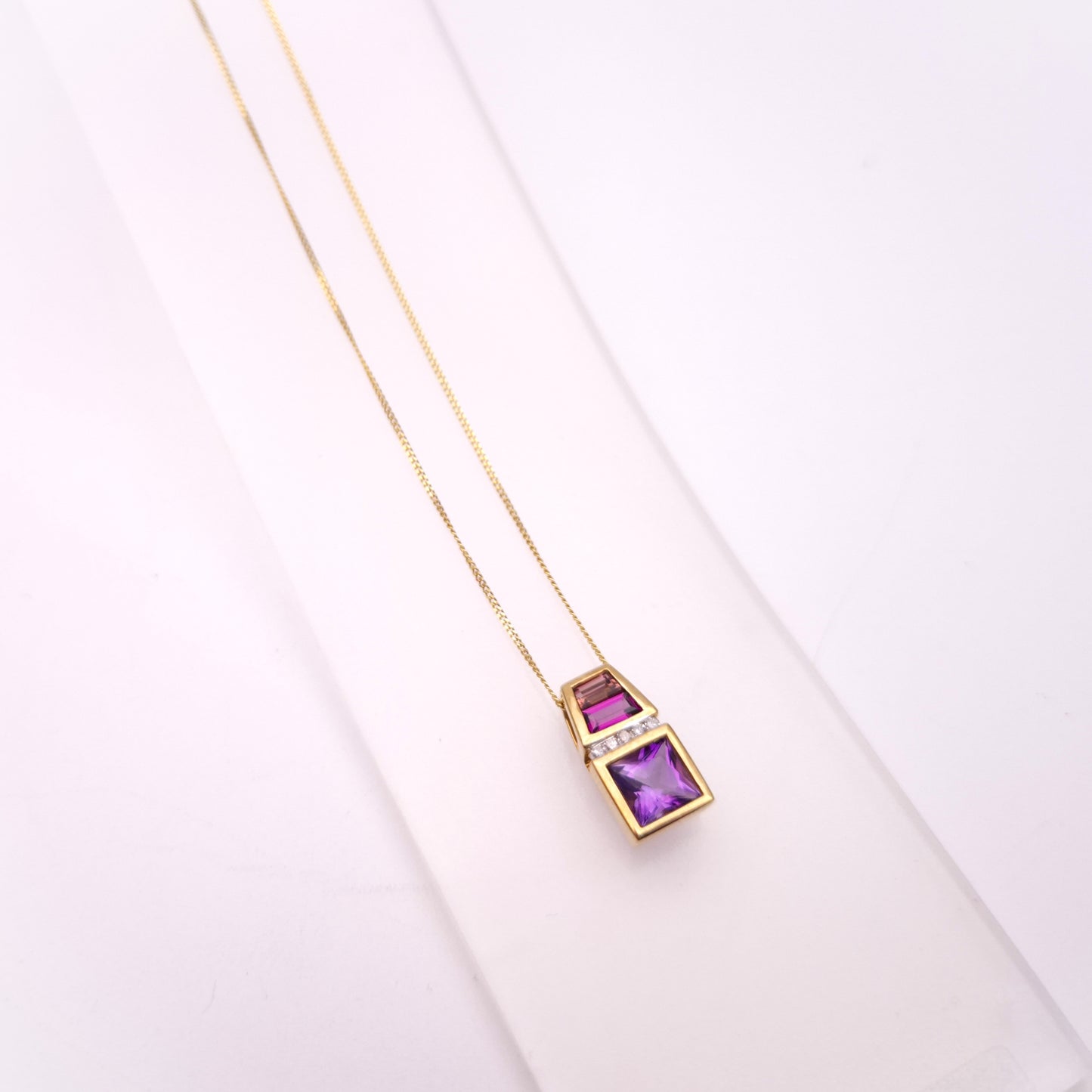 9ct Yellow Gold Amethyst, Garnet, Tourmaline and Diamond Pendant and Chain Neckl