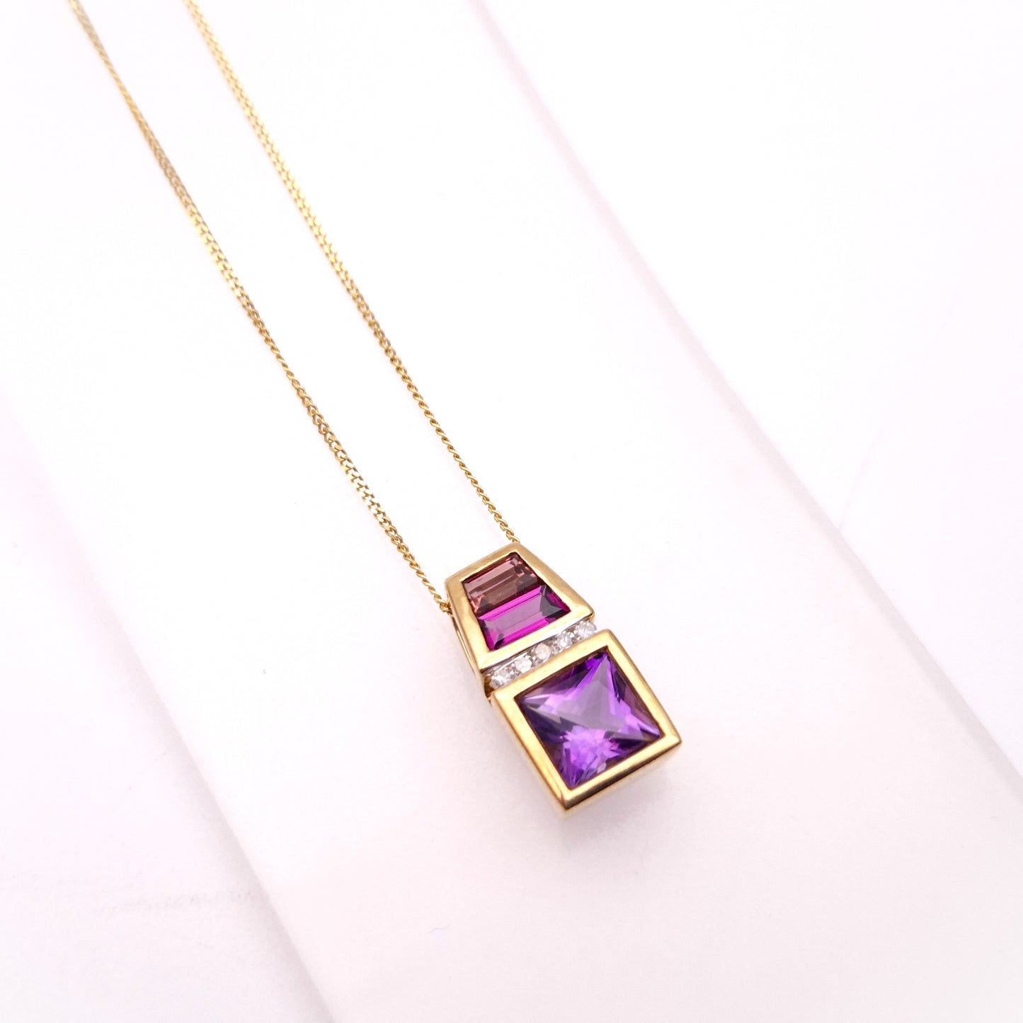 9ct Yellow Gold Amethyst, Garnet, Tourmaline and Diamond Pendant and Chain Neckl