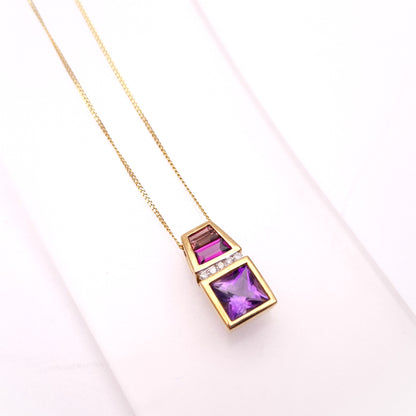 9ct Yellow Gold Amethyst, Garnet, Tourmaline and Diamond Pendant and Chain Neckl
