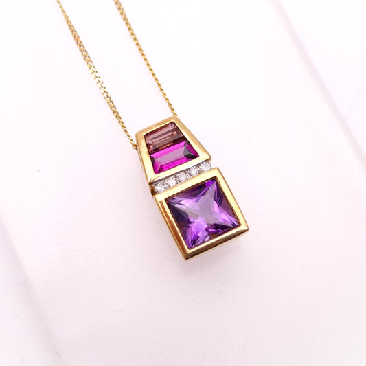 9ct Yellow Gold Amethyst, Garnet, Tourmaline and Diamond Pendant and Chain Neckl
