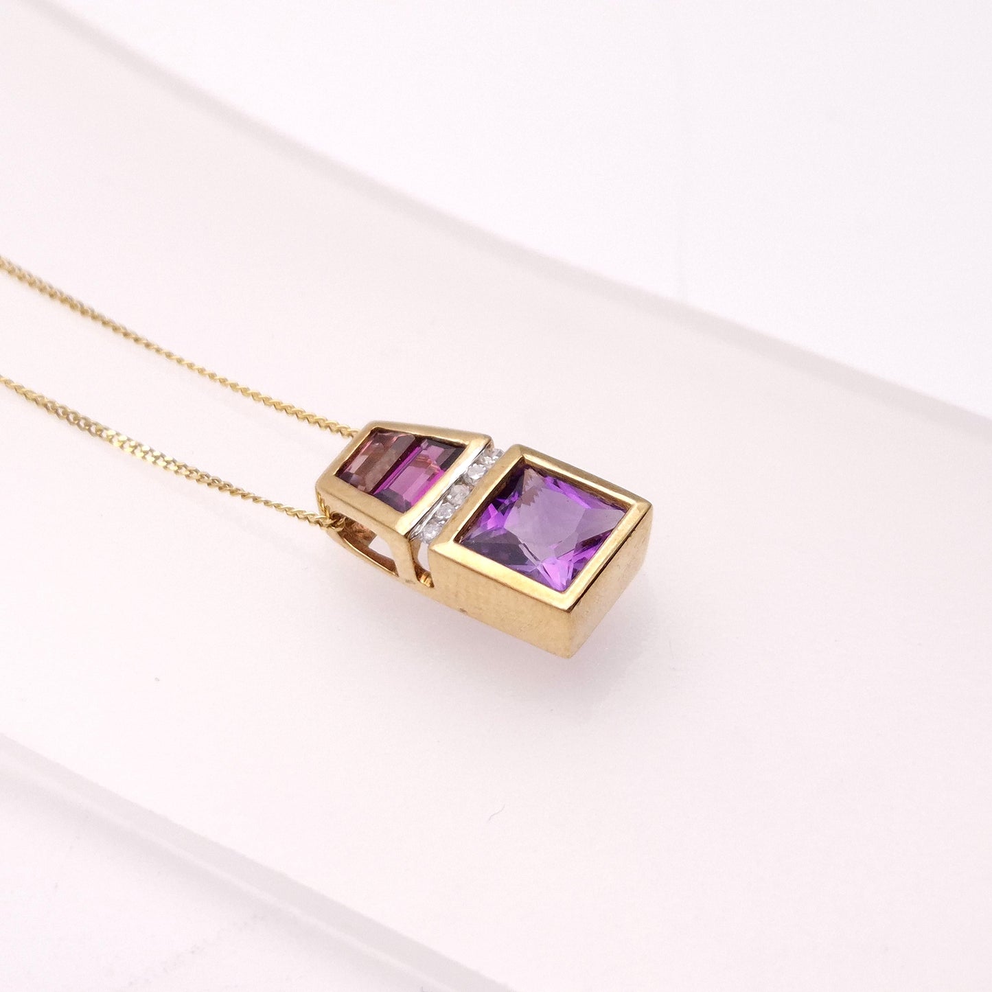 9ct Yellow Gold Amethyst, Garnet, Tourmaline and Diamond Pendant and Chain Neckl