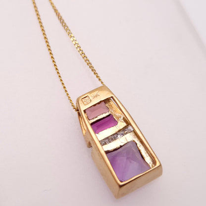 9ct Yellow Gold Amethyst, Garnet, Tourmaline and Diamond Pendant and Chain Neckl
