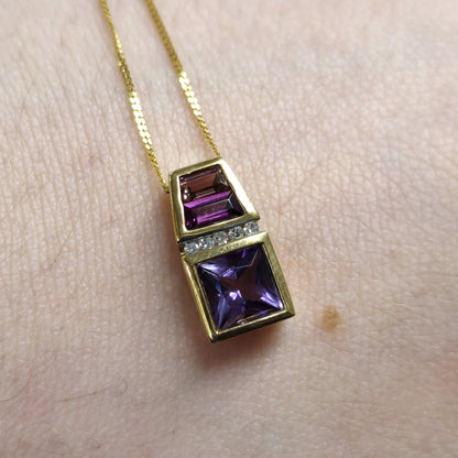 9ct Yellow Gold Amethyst, Garnet, Tourmaline and Diamond Pendant and Chain Neckl