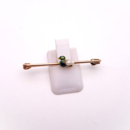 9ct Gold Enamel and Pearl Small Duck Bar Brooch