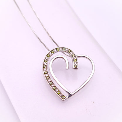 9ct White Gold Green and White Stone Open Heart Pendant and 18 inch Box Chain