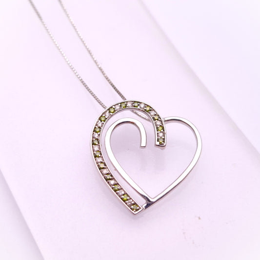 9ct White Gold Green and White Stone Open Heart Pendant and 18 inch Box Chain