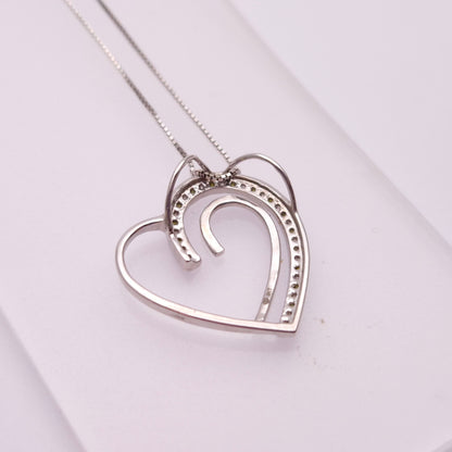 9ct White Gold Green and White Stone Open Heart Pendant and 18 inch Box Chain