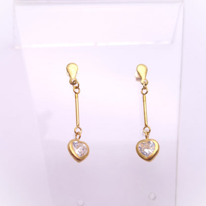 9ct Yellow Gold Cubic Zirconia CZ Heart Drop Dangle Drop Earrings