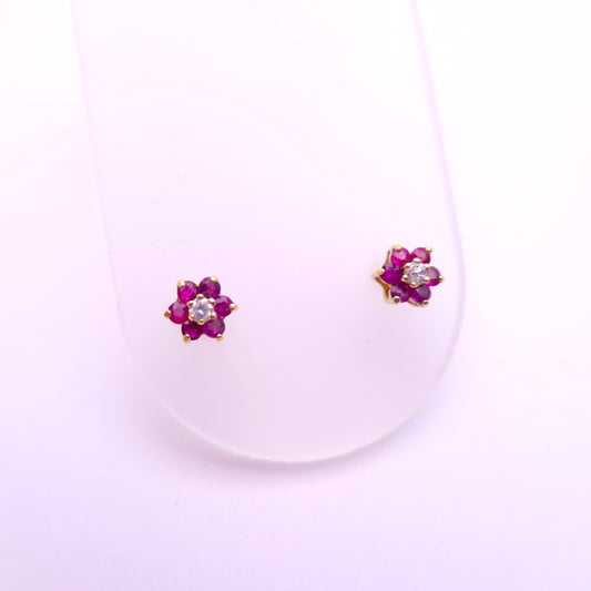 9ct Yellow Gold Ruby and Diamond Flower Stud Earrings
