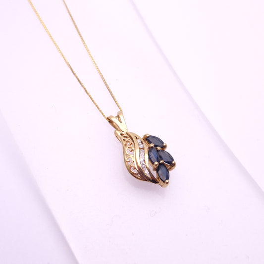 9ct Yellow Gold Sapphire and Diamond Set Pendant and Chain Necklace