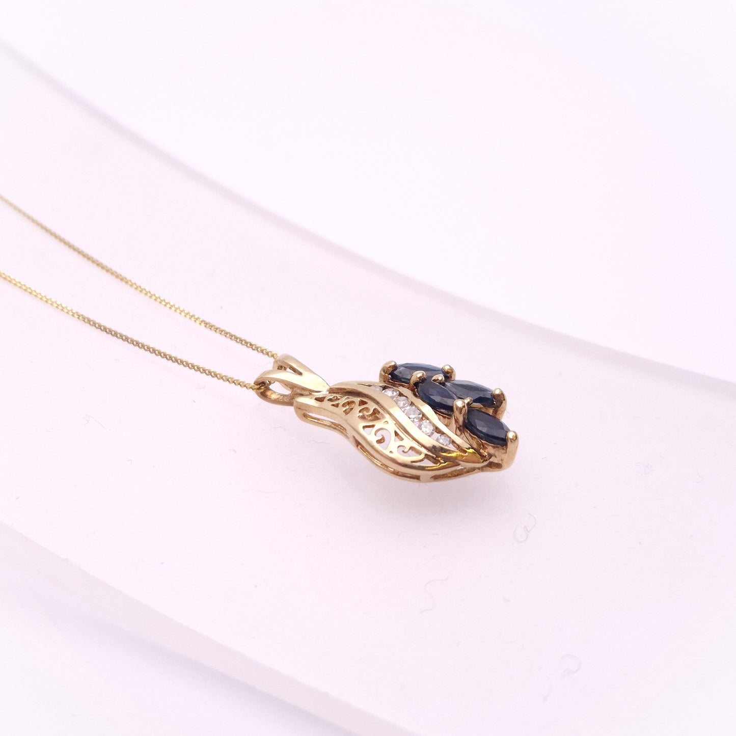 9ct Yellow Gold Sapphire and Diamond Set Pendant and Chain Necklace