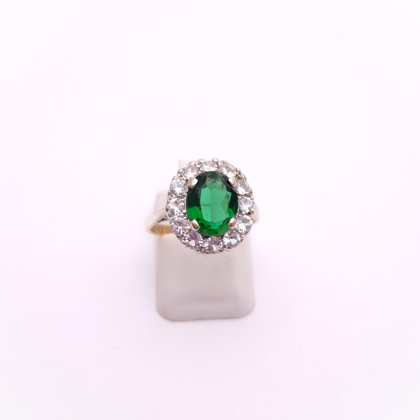 9ct Yellow Gold and Silver Green and White Paste Stone Ring